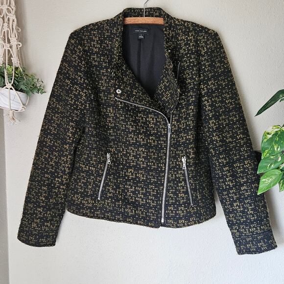 Tweed Moto Jacket Ann Taylor Green & Black Size 10 Business Casual Biker Style - Picture 3 of 10
